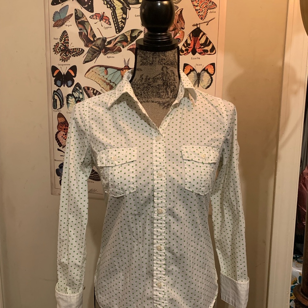 American Eagle White Polka Dot Button-Up Shirt